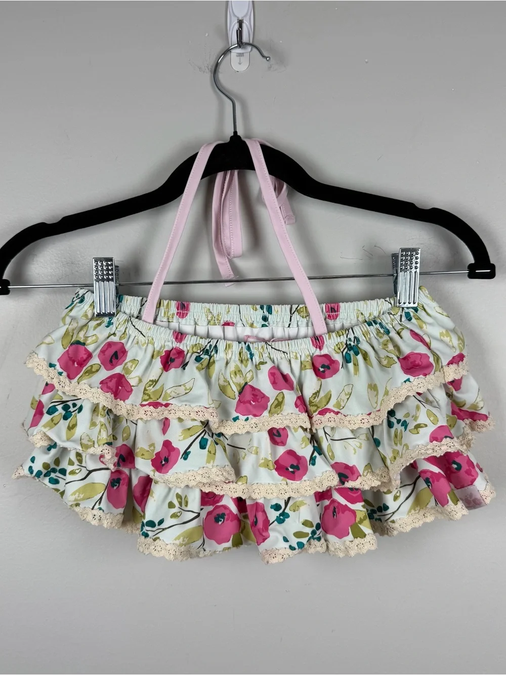 New Sweet Honey Blue Pink Floral Ruffle Halter Swim Bikini Top Size 10 Years